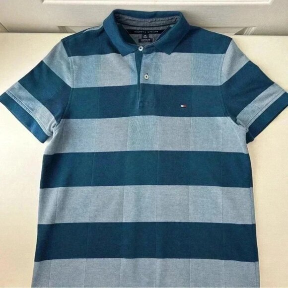 Tommy Hilfiger Mens Polo Shirt Custom Fit Short Sleeves Teal Green Stripes Small - Picture 13 of 13